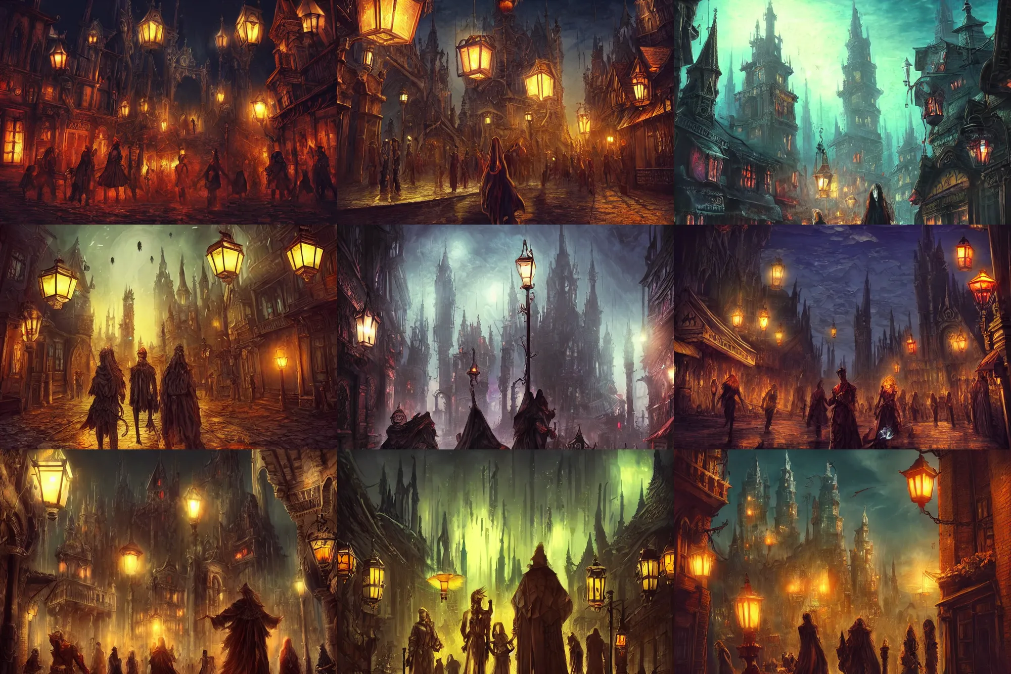 Prompt: style : high fantasy. composition : long shot, waist level ; low angle. key words : digital art ; detailed ; 4 k. scenery : a gothic harbor city with blood on the streets. subject : none. details : at night ; lanterns in the streets.