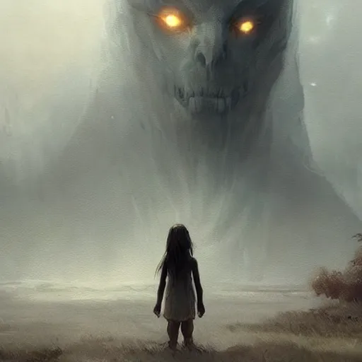 Image similar to a beautiful terrifying immense pale humanoid giant looms over a tiny human. ethereal horror fantasy art by greg rutkowski