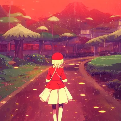 Prompt: beautiful anime girl walking in rainy mushroom village at night, super mario style, red and white spotted mushroom houses, geometric mountains in distance, landscape, anime key visual, digital art, anime screenshot, kyoto animation, makoto shinkai, trending on artstation