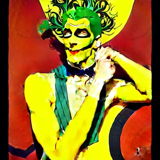 Image similar to art by joshua middleton, the yellow creeper, a tall manically smiling yellow - skinned man with green and black striped cycling shorts and wearing a long red feather boa, yellow makeup, mucha, kandinsky, poster, comic art, stylised design