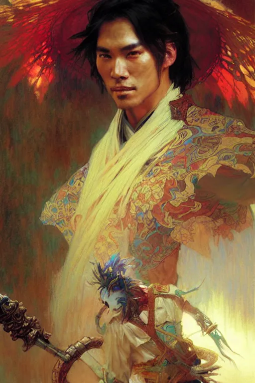 Image similar to attractive man, wuxia, colorful, painting by gaston bussiere, craig mullins, greg rutkowski, alphonse mucha