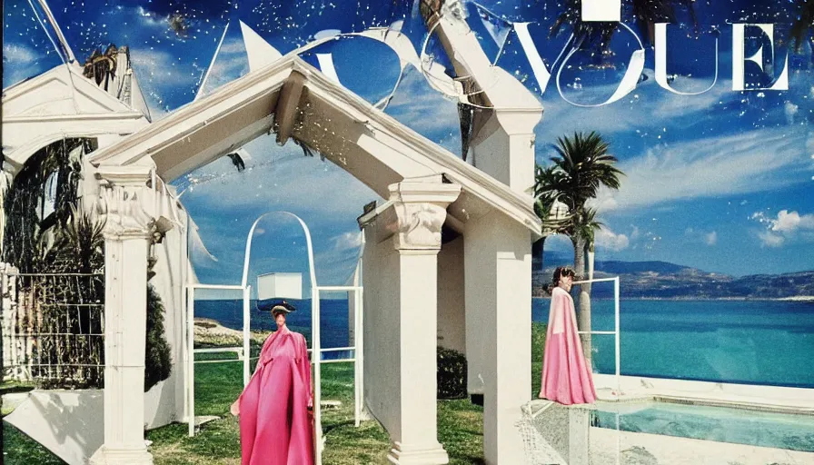 Image similar to 1 9 8 8 italia vogue magazine photo of a mansion, christian dior archi style, mediterranean beach background, refracted lines and sparkles, flash photography, major arcana sky and occult symbols