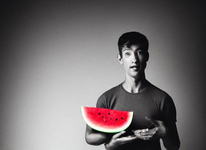 Image similar to photo still of a man with a watermelon for a head, 8 k, studio lighting bright ambient lighting key light, 8 5 mm f 1. 8