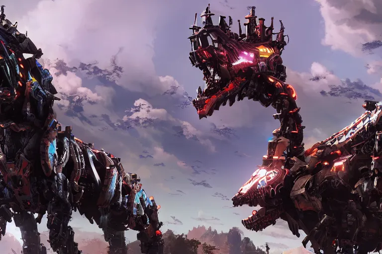 Image similar to grimhorn fanghorn machine mecha animal beast robot of horizon forbidden west horizon zero dawn bioluminiscence global illumination ray tracing hdr fanart arstation by sung choi and eric pfeiffer and gabriel garza and casper konefal