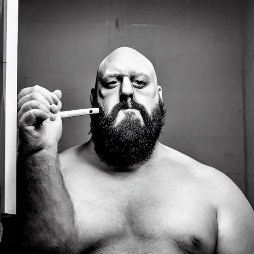 Image similar to the big show wrestler smoking a vape pen, locker room in background, gritty,