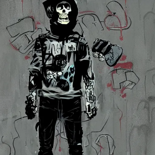 Image similar to skull, creative design, cyberpunk, techwear, full body portrait, character design, graffiti, by Ashley Wood and Jamie Hewlett