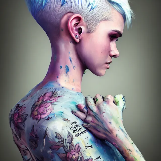 Prompt: full body pose, beautiful adult fairy, short white hair shaved sides, dirty, grungy, grunge, long sleeve, painted overalls, stacks of giant books, highly detailed, 4 k, hdr, smooth, sharp focus, high resolution, award - winning photo, artgerm, photorealistic