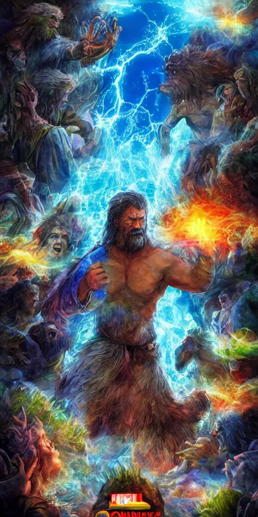 Image similar to a modern 8 k hi res well lit dynamic volumetric lighting god rays 8 0 mm photo of zardoz and goku monsters and orcs and horses hercules greek and roman mythology game of thrones psychedelic mushroom acid marvel iceland lemmings soldiers king arthur maul horror zombie battle scene from the future year 3 0 3 5 crispy details crunchy hi fx pixar