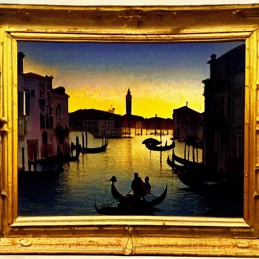 Image similar to A beautiful backlight sunset scene of historic Venice with gondola and reflective water in the style of Johannes Vermeer