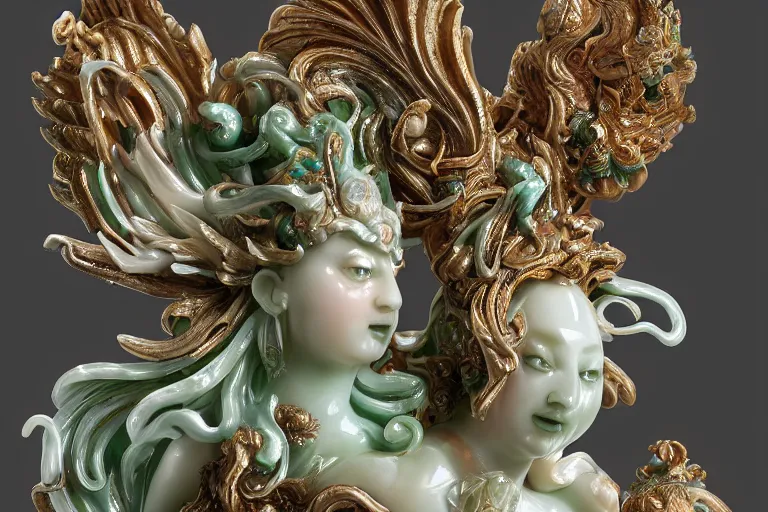 Prompt: a closeup photo, rococo alabaster and jade real delicate ceramic porcelain sculpture of an ornate detailed phoenix goddess in front of an intricate background by rafael, micro detail, backlit lighting, subsurface scattering, translucent, thin porcelain, emerald, jade, octane renderer, colorful, physically based rendering, trending on cgsociety