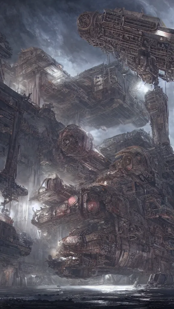 Image similar to a beautiful highly detailed matte painting of a huge derelict cargo starship, Space Hulk, WarHammer 40k by Jose Daniel Cabrera Pena and Leonid Kozienko, concept art