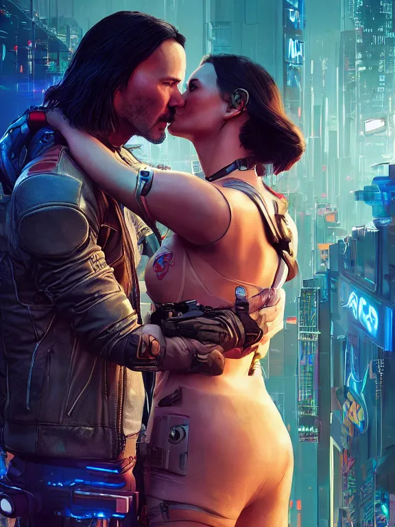 Image similar to a cyberpunk 2077 couple portrait of Keanu Reeves&female android in final kiss,love,film lighting,by Laurie Greasley,Lawrence Alma-Tadema,Dan Mumford,artstation,deviantart,FAN ART,full of color,Digital painting,face enhance,highly detailed,8K,octane,golden ratio,cinematic lighting