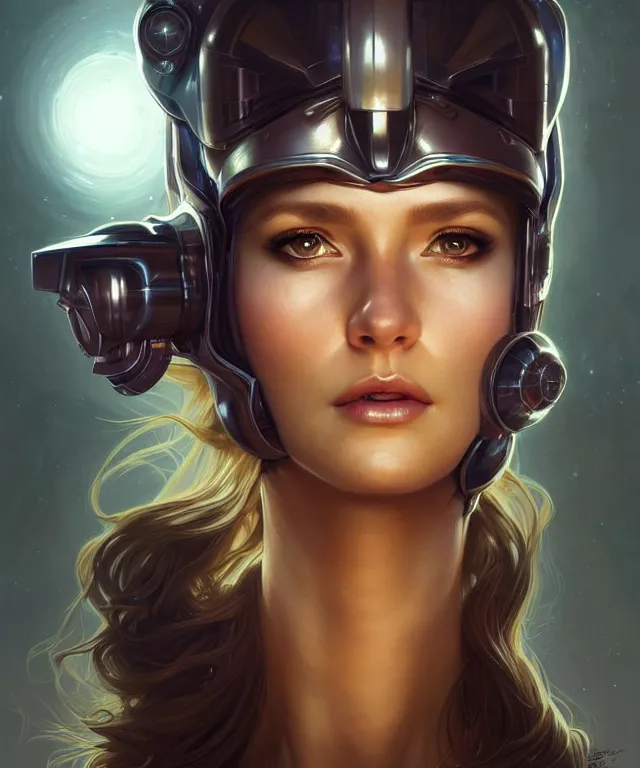 Prompt: futuristic woman in helmet portrait, sci-fi, amber eyes, face, long hair, fantasy, intricate, elegant, highly detailed, digital painting, artstation, concept art, smooth, sharp focus, illustration, art by artgerm and greg rutkowski and alphonse mucha