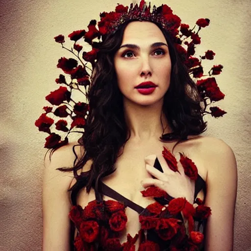 Image similar to full body fine art photo of the beauty gal gadot, she has a crown and a dress made of dried roses done by oleg oprisco