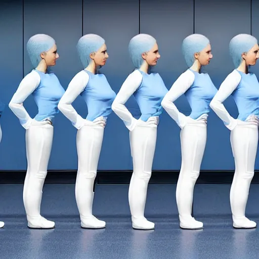 Prompt: line of six identical athletic female clones in formation, white hair, tight light blue neopren suits, elevated conveyor belt, futuristic chemistry lab, sci - fi, highly detailed, cinematic