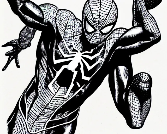 Image similar to photorealistic sketch of black spider - man with gold webbing by steve ditko