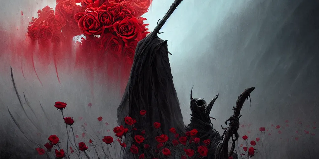 Image similar to poster style, a beautiful and terrifying painting with high details of a panoramic view of a reaper holding a long sickle, with red fluid white roses in the foreground, movie atmosphere, movie lights, 8 k, light effect, rtx on, trending on artstation, by kilian eng, lee madgwick, bastien lecouffe - deharme