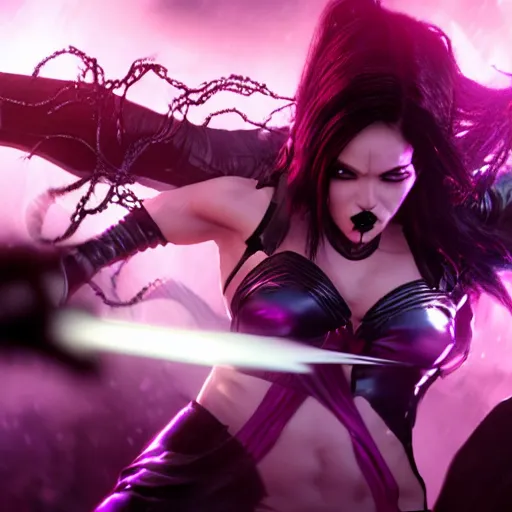 Image similar to ultra realistic, hyper realistic gorgeous goth psylocke fighting army of demons with a samurai sword, physical based render, cinematography, octane, photorealistic, gorgeous, symmetrical, unreal engine