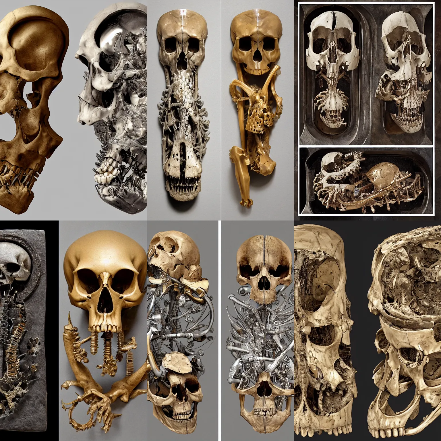 Prompt: epic diptych, flat shaped chrome relief, fossil, mechanic bionic fungus flower cat skull skeleton dissection relief, by Lorenzo Ghiberti, by Goga Tandashvili, artstation, cgsociety, at Khajuraho