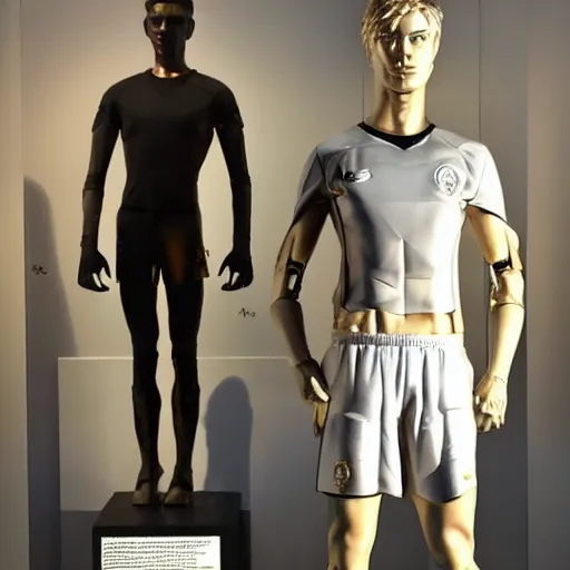 Image similar to a realistic detailed photo of a guy who is an attractive humanoid who is half robot and half humanoid, who is a male android, soccer players martin ødegaard, shiny skin, posing like a statue, blank stare, in a museum, on display, showing off his muscles, gold soccer shorts, no jersey, ground view, ceramic statue