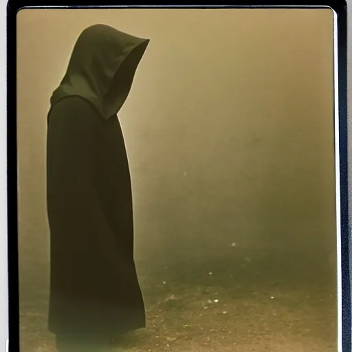 Prompt: polaroid of faceless dark cloaked Nazgûl by Tarkovsky