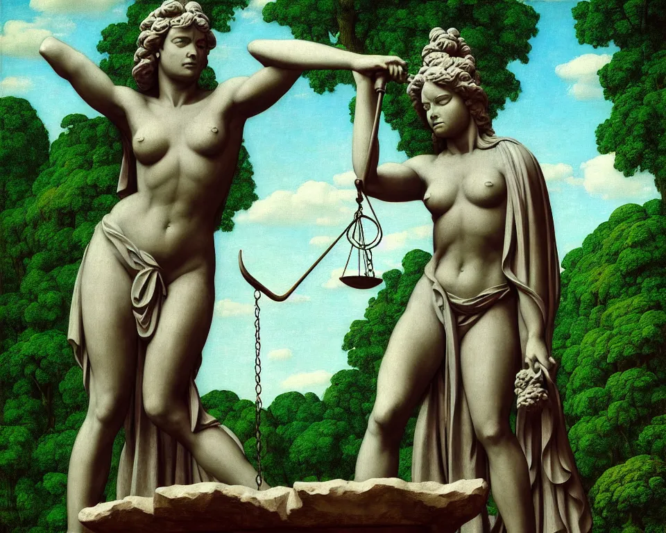 Image similar to achingly beautiful print of a lady justice sculpture outside a temple in the rainforest by raphael, hopper, and rene magritte. detailed, romantic, enchanting, trending on artstation.