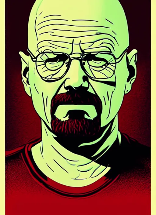 Image similar to highly detailed poster artwork by Michael Whelan and Tomer Hanuka, of Walter White, from scene from Breaking Bad, clean