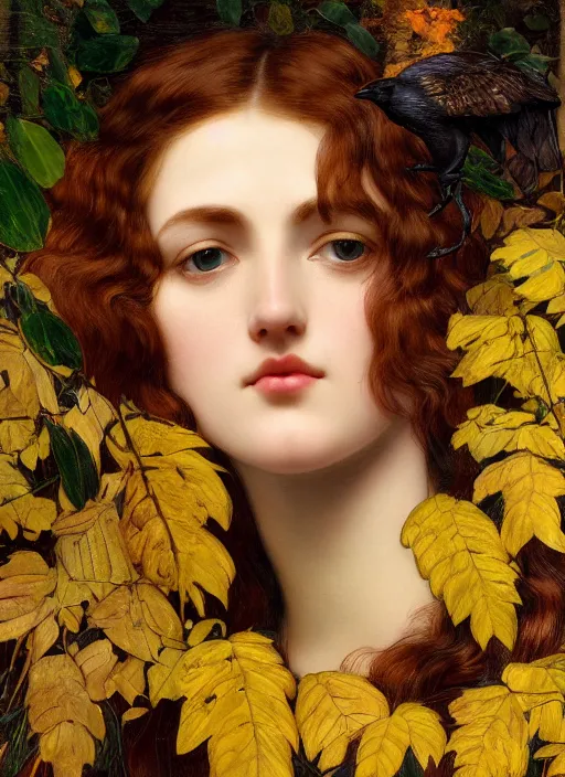 Image similar to masterpiece beautiful seductive flowing curves preraphaelite face portrait amongst leaves, extreme close up shot, straight bangs, thick set features, yellow ochre ornate medieval dress, raven, laying amongst foliage mushroom forest circle arch, frederic leighton and kilian eng and rosetti, 4 k