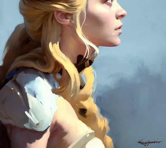Image similar to greg manchess portrait painting of beautiful princess as game of throne character, medium shot, asymmetrical, profile picture, organic painting, sunny day, matte painting, by greg rutkowski, by greg tocchini, by james gilleard, by joe fenton, dynamic lighting, gradient light blue, brown, blonde cream and white color scheme, grunge aesthetic