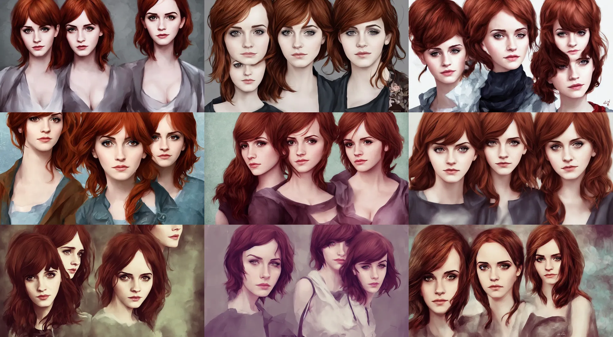 Prompt: christina hendricks mixed with emma watson, ilya kuvshinov, rossdraw