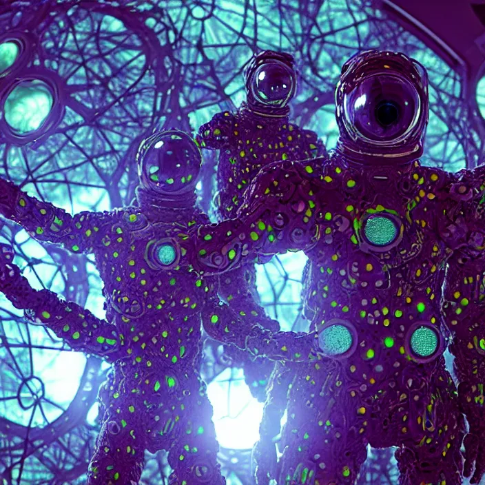 Image similar to a cybernetic symbiosis of a single astronaut mech-organic eva suit made of pearlescent wearing knitted shiny ceramic multi colored yarn thread infected with diamond 3d fractal lace iridescent bubble 3d skin dotted covered with orb stalks of insectoid compound eye camera lenses floats through the living room, film still from the movie directed by Denis Villeneuve with art direction by Salvador Dalí, wide lens,kevlar,carbon fiber,ceramics,gaseous materials,