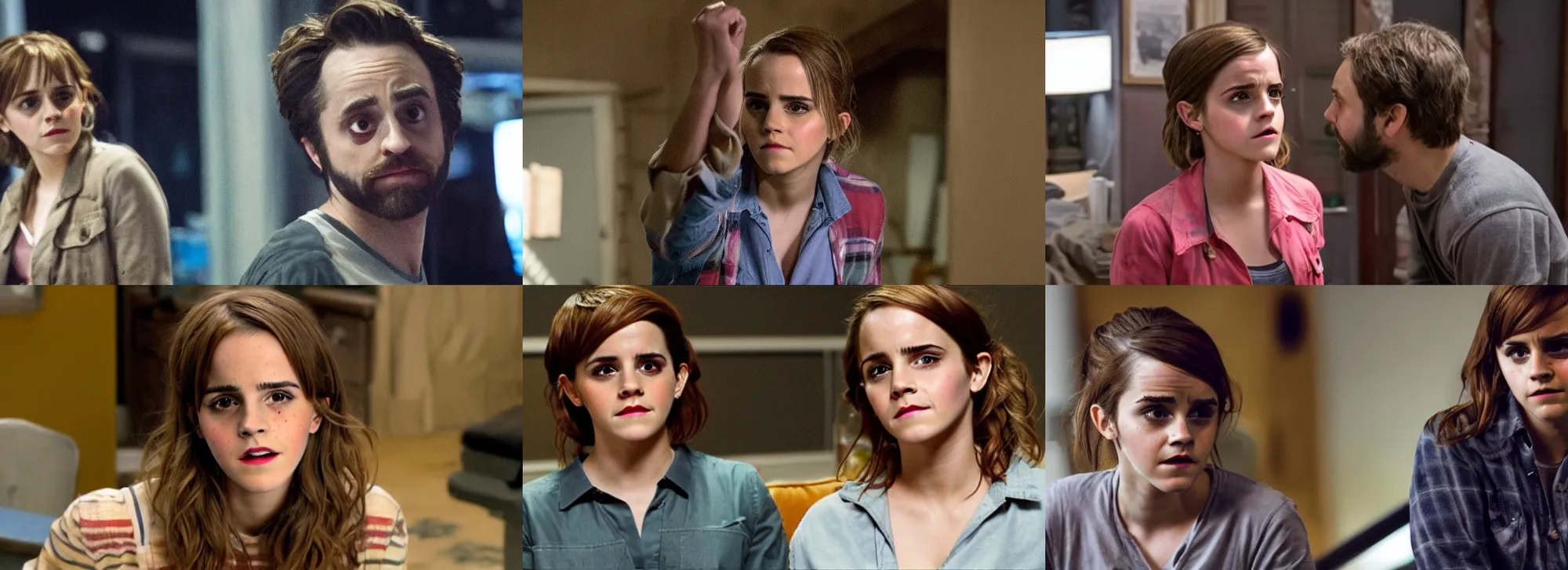 Prompt: emma watson as charlie kelly in it's always sunny in philadelphia ( tv ), detailed face, movie still frame, promotional image, imax 7 0 mm footage