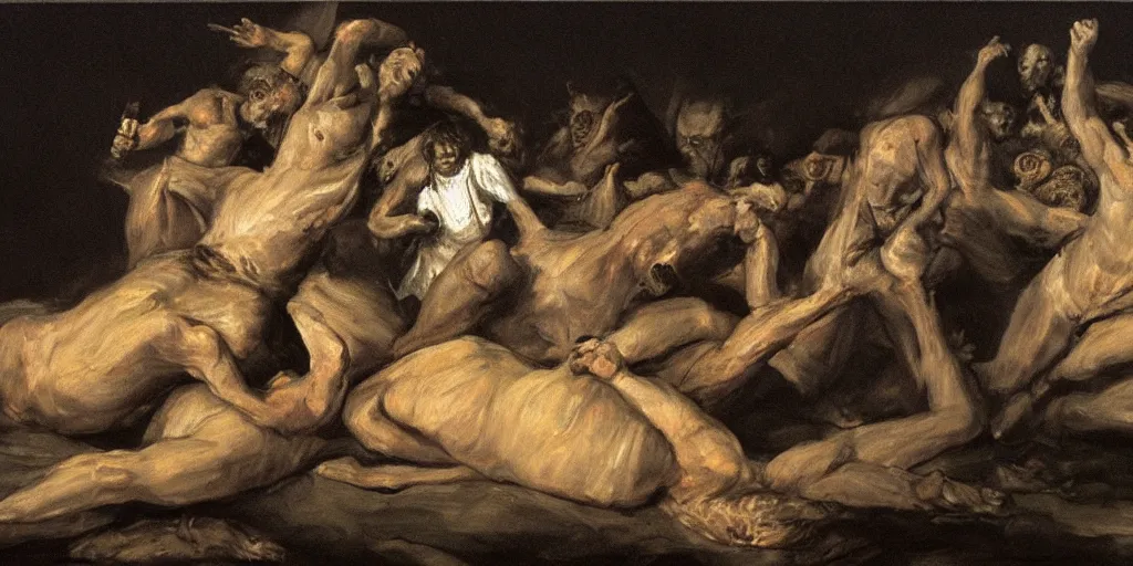 Image similar to hyperrealism hell in style of Goya