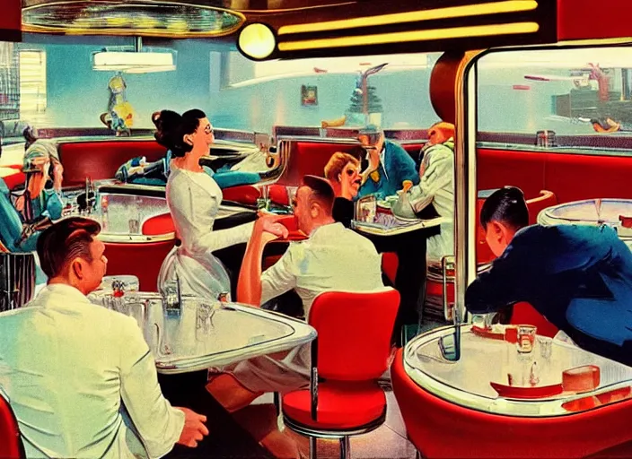 Image similar to diner, 1950s,jukebox,8K, by syd mead