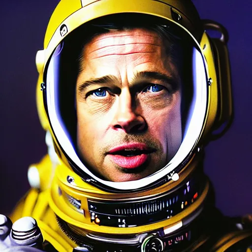 Prompt: Brad Pitt in a space suit with a frog on his head, by Ad Astra cinema, by David Lazar and Annie Leibovitz 500px photos, symmetric, by Irving Penn, bokeh, top cinematic lighting , cinematic mood, shot in canon