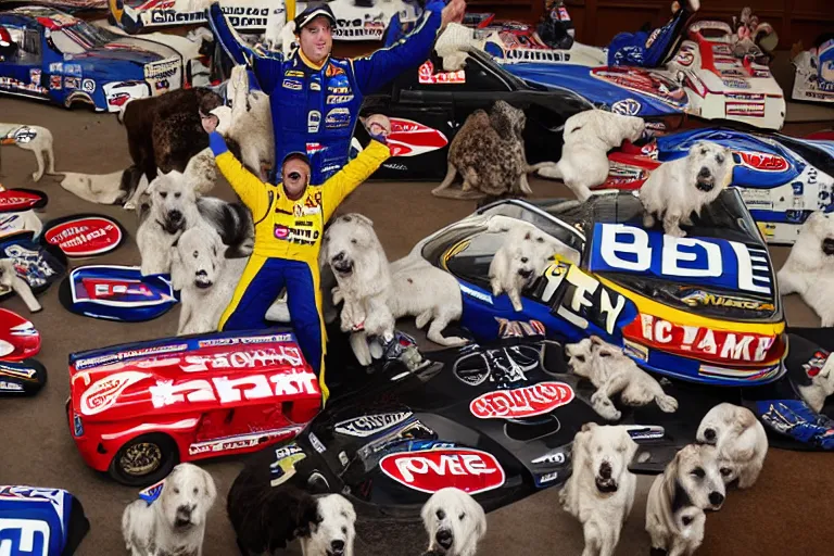 Image similar to vfx movie nascar driver man covered in corporate sponsor logos holding up bone for pack of dogs in the u. s. senate, interior. by emmanuel lubezki