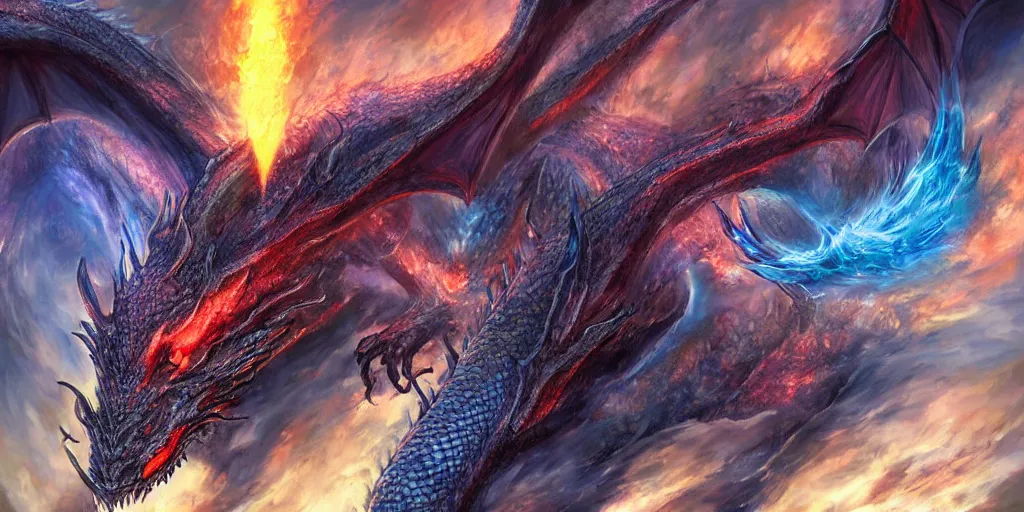 Image similar to Four dragons power up one orb of high mana energy through their breaths. The dragon of poison, the dragon of fire, the dragon of void, the dragon of metal. Digital art, hyper detailed, beautiful, clear definition, HD