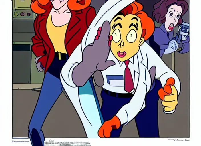 Prompt: dana scully on the real ghostbusters, animation cel, anime, sharp detail, animation cel, thin linework, in the style of don bluth, bruce timm, stephen silver, studio trigger