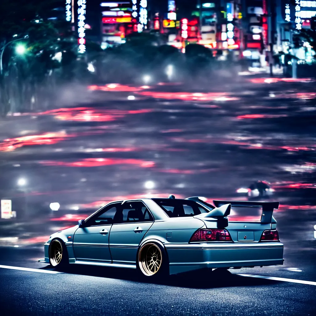 Prompt: a single car JZX100 twin turbo drift in the road, Tokyo prefecture, Japanese architecture, city sunset mist lights, cinematic lighting, photorealistic, detailed alloy wheels, highly detailed car