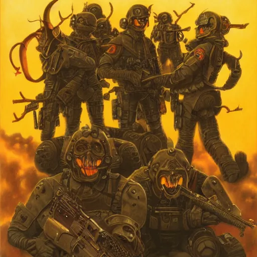 Prompt: tactical team in hell, by gerald brom