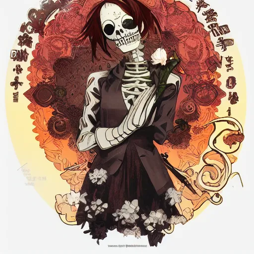 Prompt: anime manga skull portrait girl female skeleton illustration sunset artgerm comic Geof Darrow and Ashley wood and Ilya repin and alphonse mucha pop art nouveau
