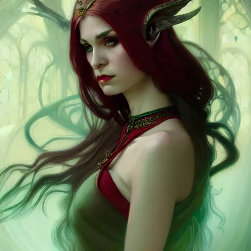 Image similar to Portrait of seductive female elven priest, D&D, green eyes, choker, long red hair, demon wings, fantasy, intricate, elegant, highly detailed, digital painting, artstation, concept art, smooth, sharp focus, illustration, art by artgerm and greg rutkowski and alphonse mucha