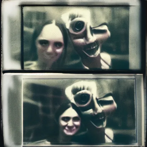 Image similar to two people taking the first sellfie with an alien , polaroid vintage effect