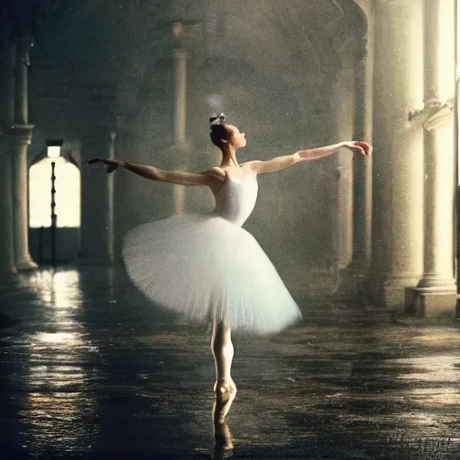 Prompt: portrait of a ballerina with a beautiful porcelain face, dancing in the rain, cinematic light and reflections, beautiful dreamy lighting, by annie leibovitz,
