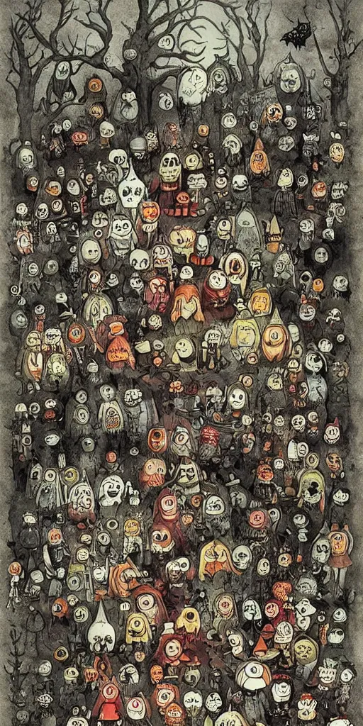 Image similar to a vintage halloween scene by alexander jansson and where's waldo