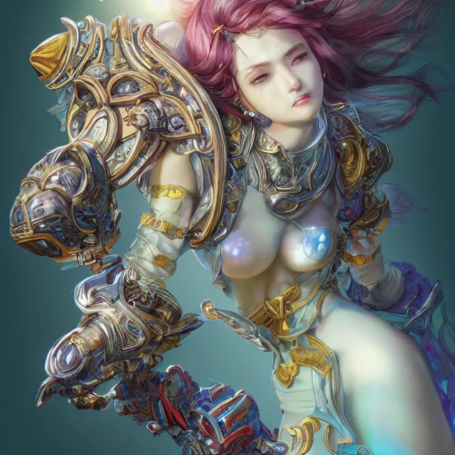 Image similar to studio portrait of lawful good colorful female divine mech paladin as absurdly beautiful, elegant, young sensual gravure idol, ultrafine hyperrealistic detailed face illustration by kim jung gi, irakli nadar, intricate linework, sharp focus, bright colors, matte, octopath traveler, final fantasy, unreal engine highly rendered, global illumination, radiant light, intricate environment