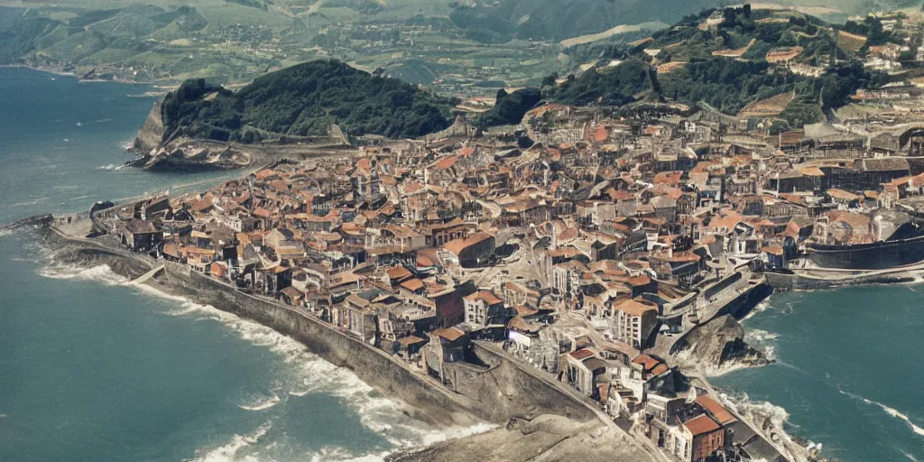 Prompt: aerial view of the city of zumaia in the basque country, 1 9 7 8, kodachrome