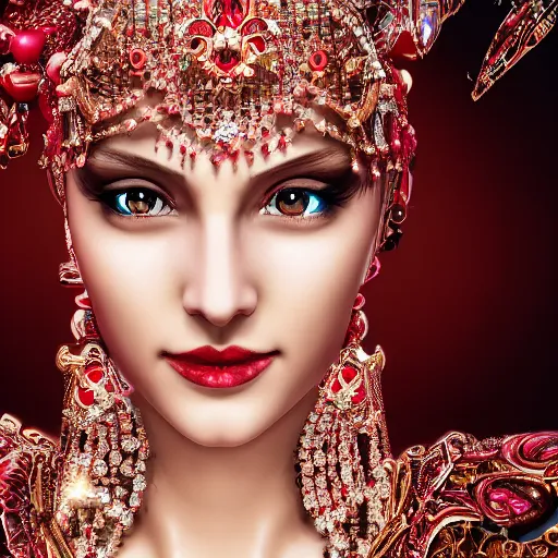 Image similar to photograph of wonderful princess with smooth fair skin, alluring eyes, red jewelry, breathtaking, elegant, ornate, intricate, hyper detailed, accent lighting, dramatic light, 4 k octane render