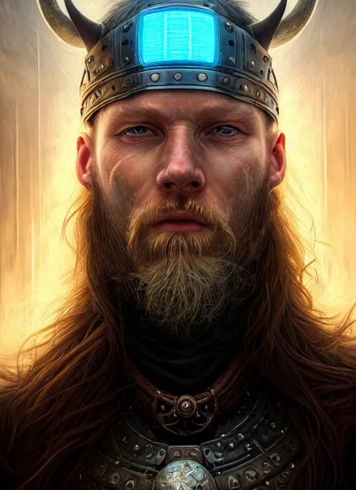 Prompt: closeup portrait shot of a cyberpunk viking in a scenic dystopian environment, intricate, elegant, highly detailed, centered, digital painting, artstation, concept art, smooth, sharp focus, illustration, artgerm, tomasz alen kopera, peter mohrbacher, donato giancola, joseph christian leyendecker, wlop, boris vallejo