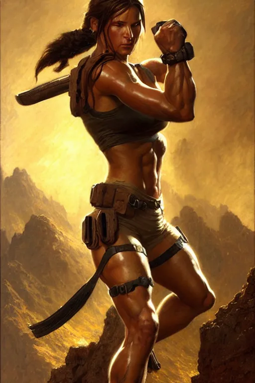 Prompt: muscular sweat lara croft, highly detailed painting by gaston bussiere, craig mullins, j. c. leyendecker 8 k